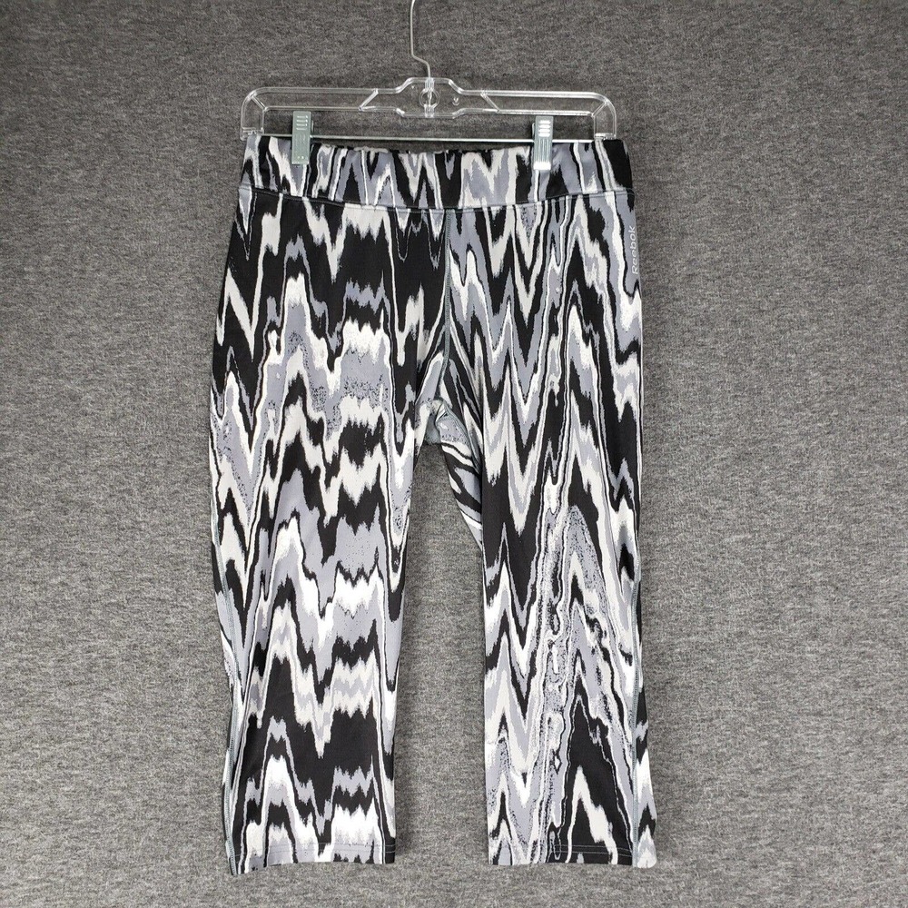 Reebok Cropped Leggings Womens Size L Black Gray Pull On Activewear Gym Yoga